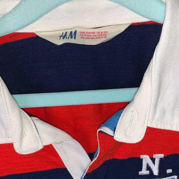 H&M RUGBY POLO JERSEY LONG-SLEEVE EMBROIDERY PATCH STRIPED SLUB SHIRT TOP 8-10 - Picture 7 of 8